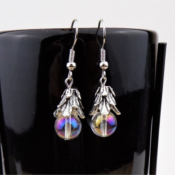 NWT mystic aura quartz beaded silver tone earrings iridescent crystal - Picture 1 of 2